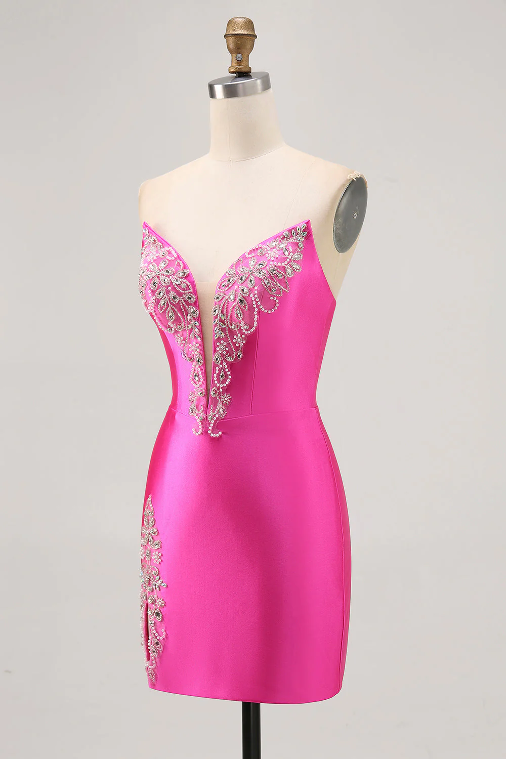 Fuksjowa sukienka bodycon z koralikami i rozcięciem - Image 3