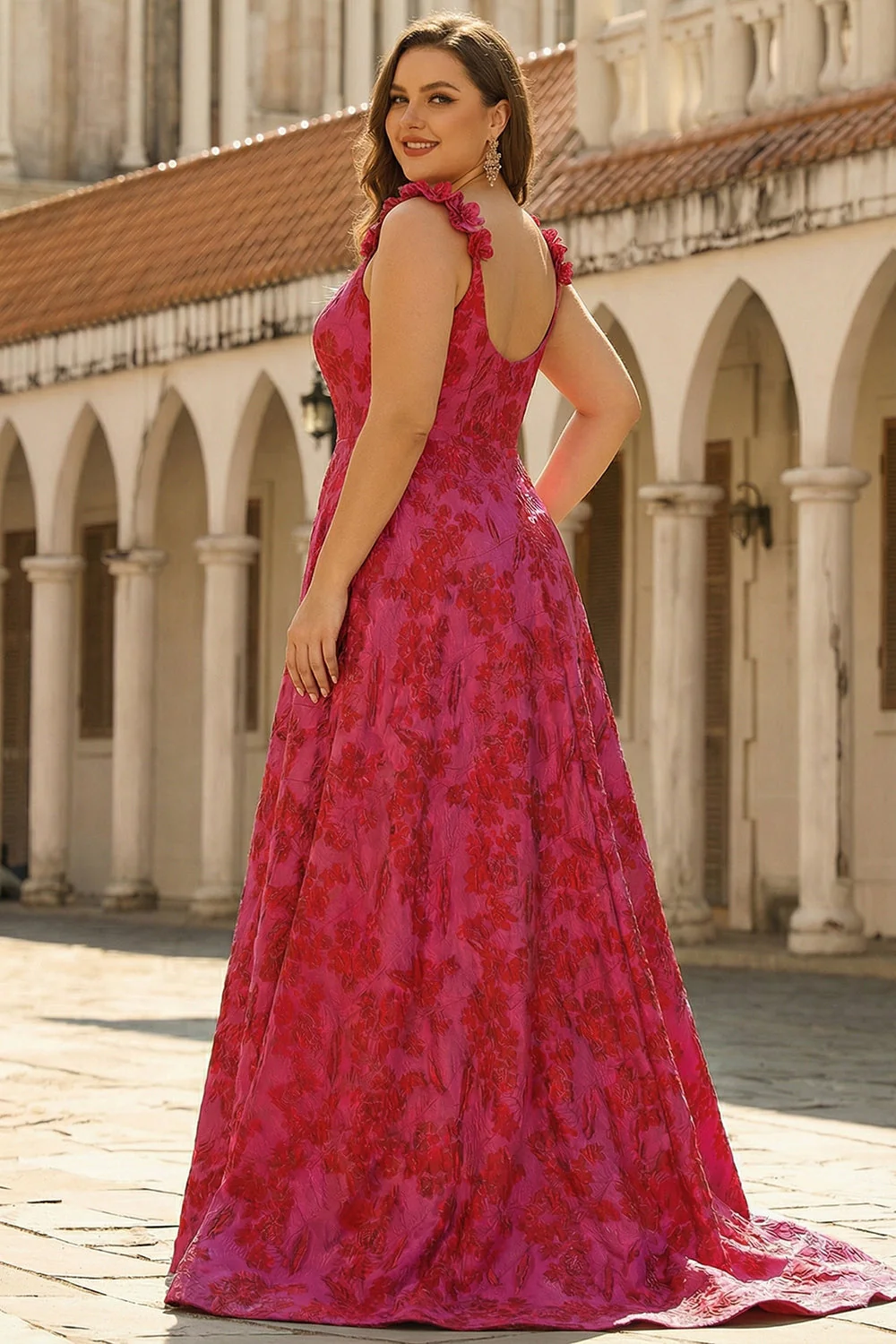 Fuksjowe kwiatowe żakardowe ramiączka A-line Spaghetti Długa sukienka na bal plus size z rozcięciem - Image 2