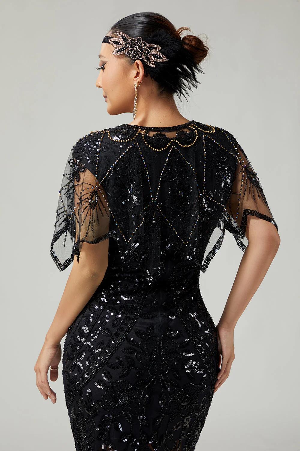 Gatsby Black Golden Sequin z lat 20. XX wieku damska peleryna z koralikami - Image 2