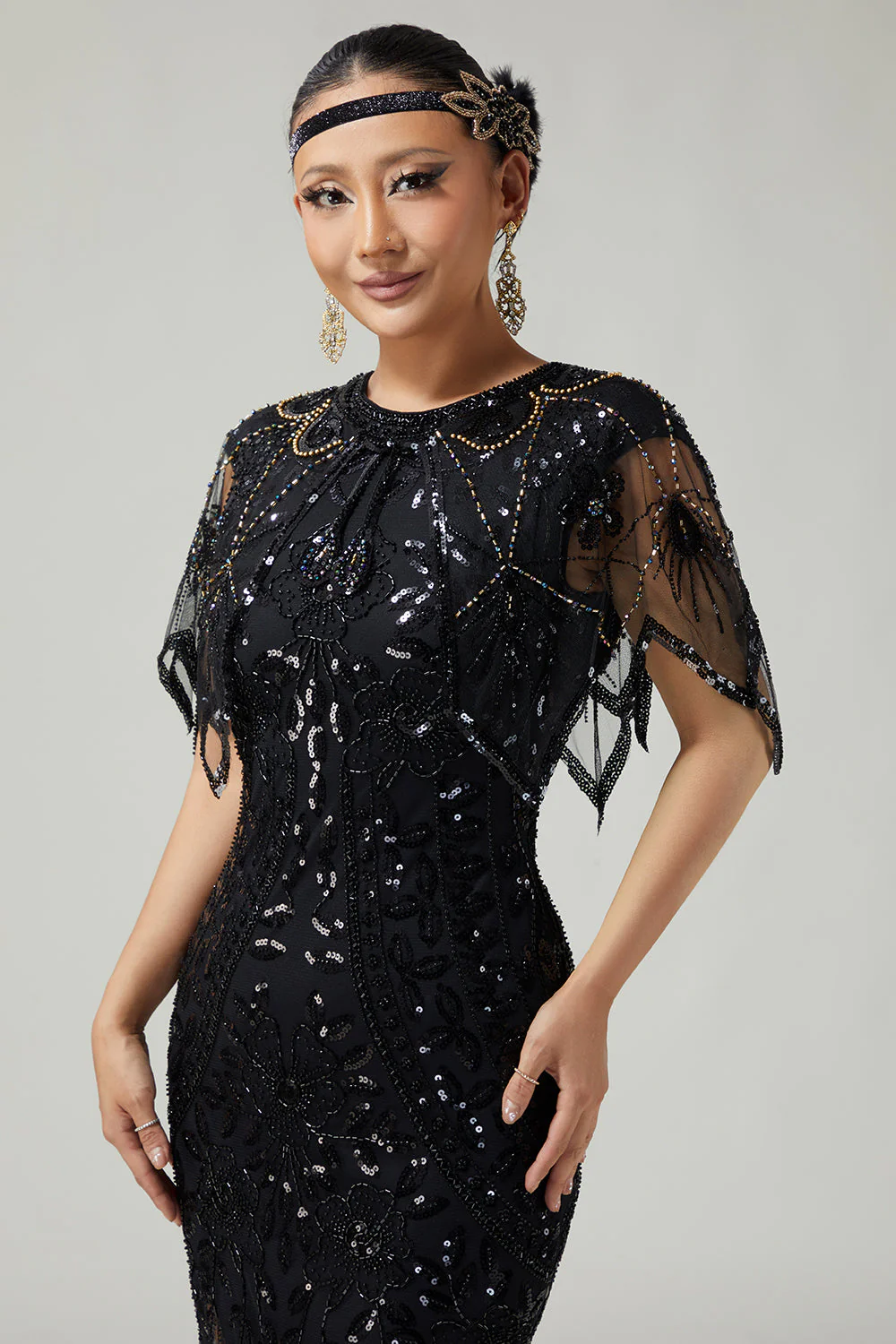 Gatsby Black Golden Sequin z lat 20. XX wieku damska peleryna z koralikami - Image 3