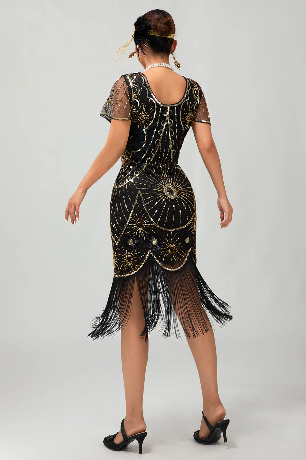 Gatsby Czarno-czerwona szufelka z frędzlami BodyconSukienka z 1920 roku z cekinami - Image 10