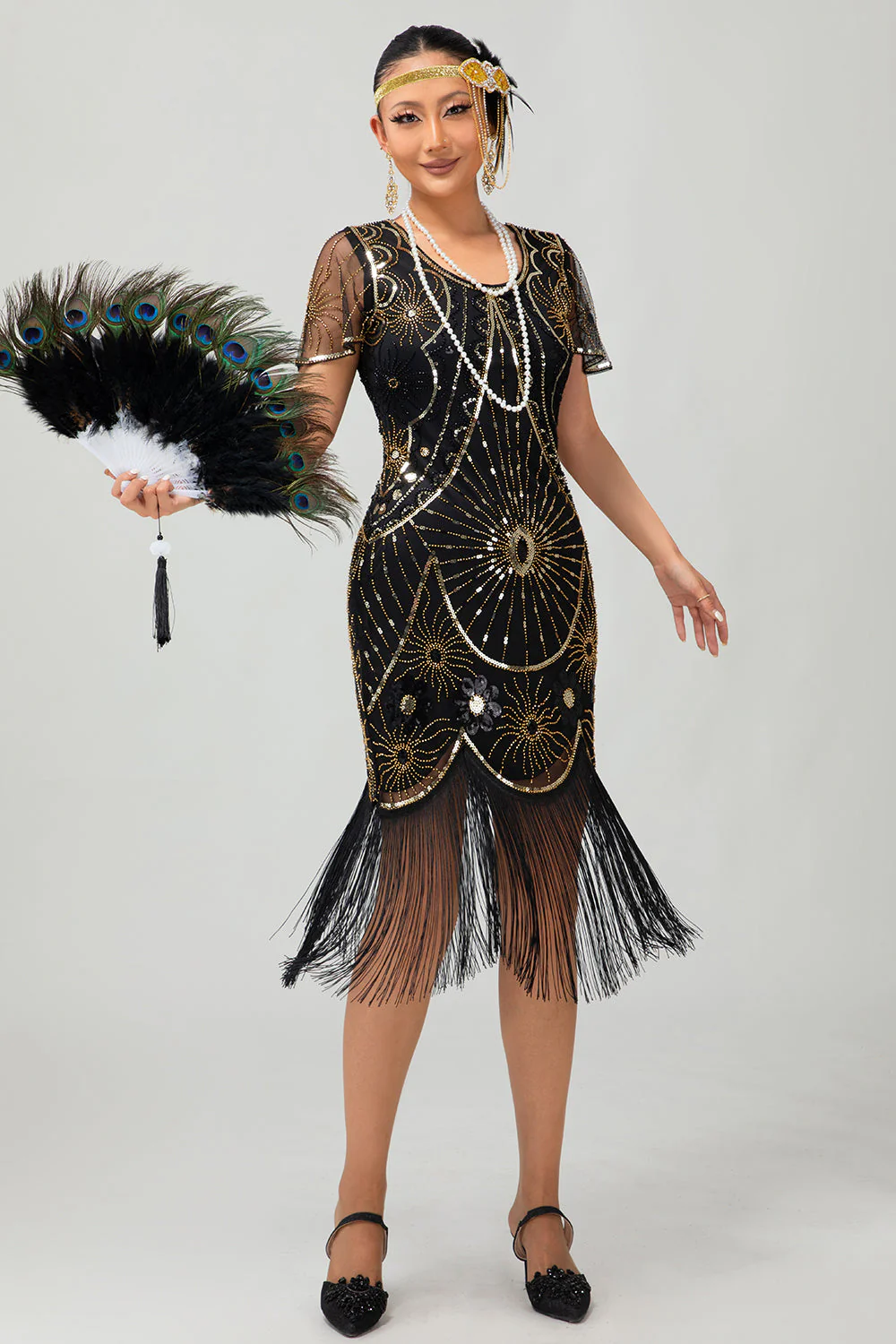 Gatsby Czarno-czerwona szufelka z frędzlami BodyconSukienka z 1920 roku z cekinami - Image 11