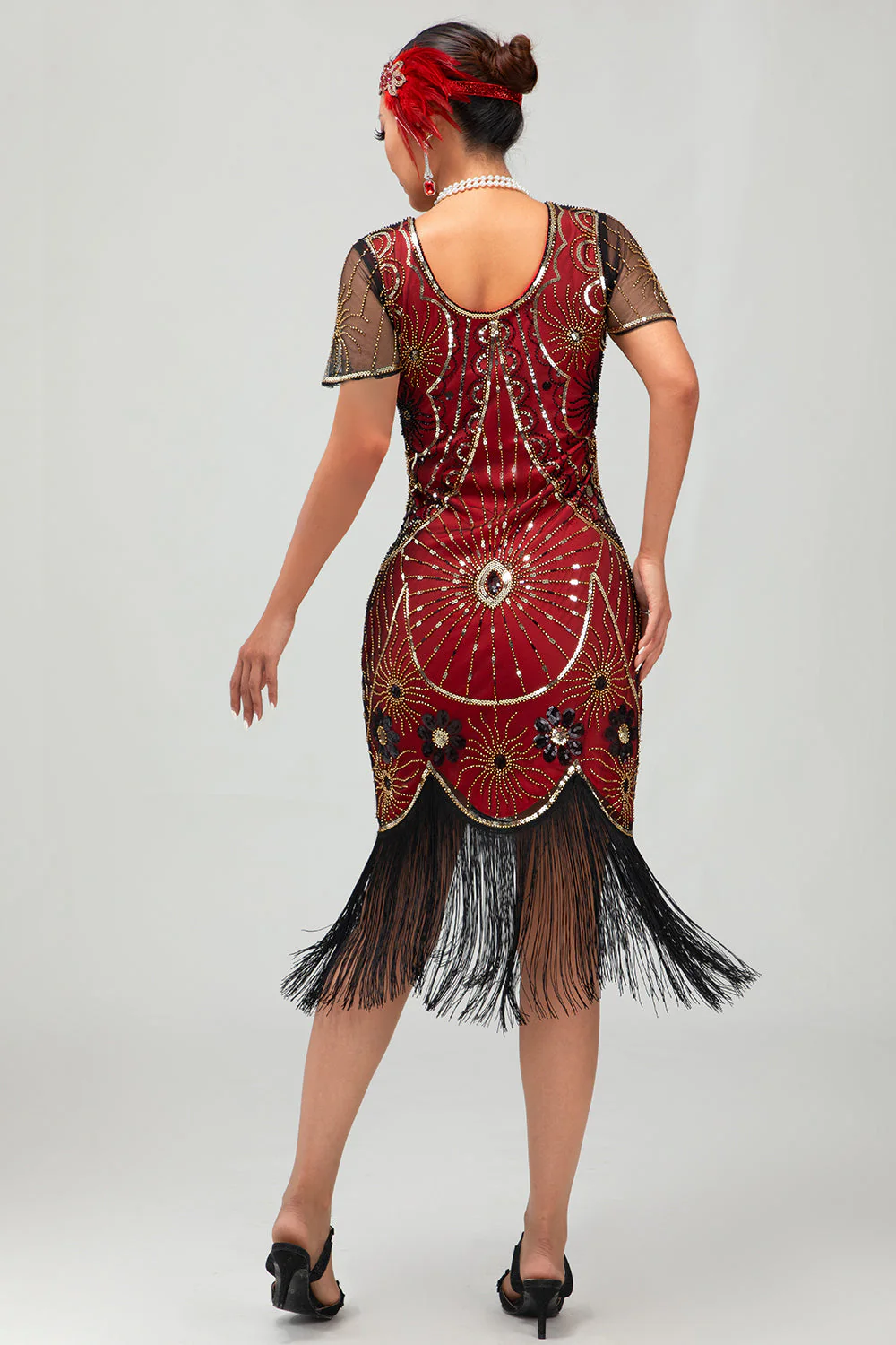Gatsby Czarno-czerwona szufelka z frędzlami BodyconSukienka z 1920 roku z cekinami - Image 2