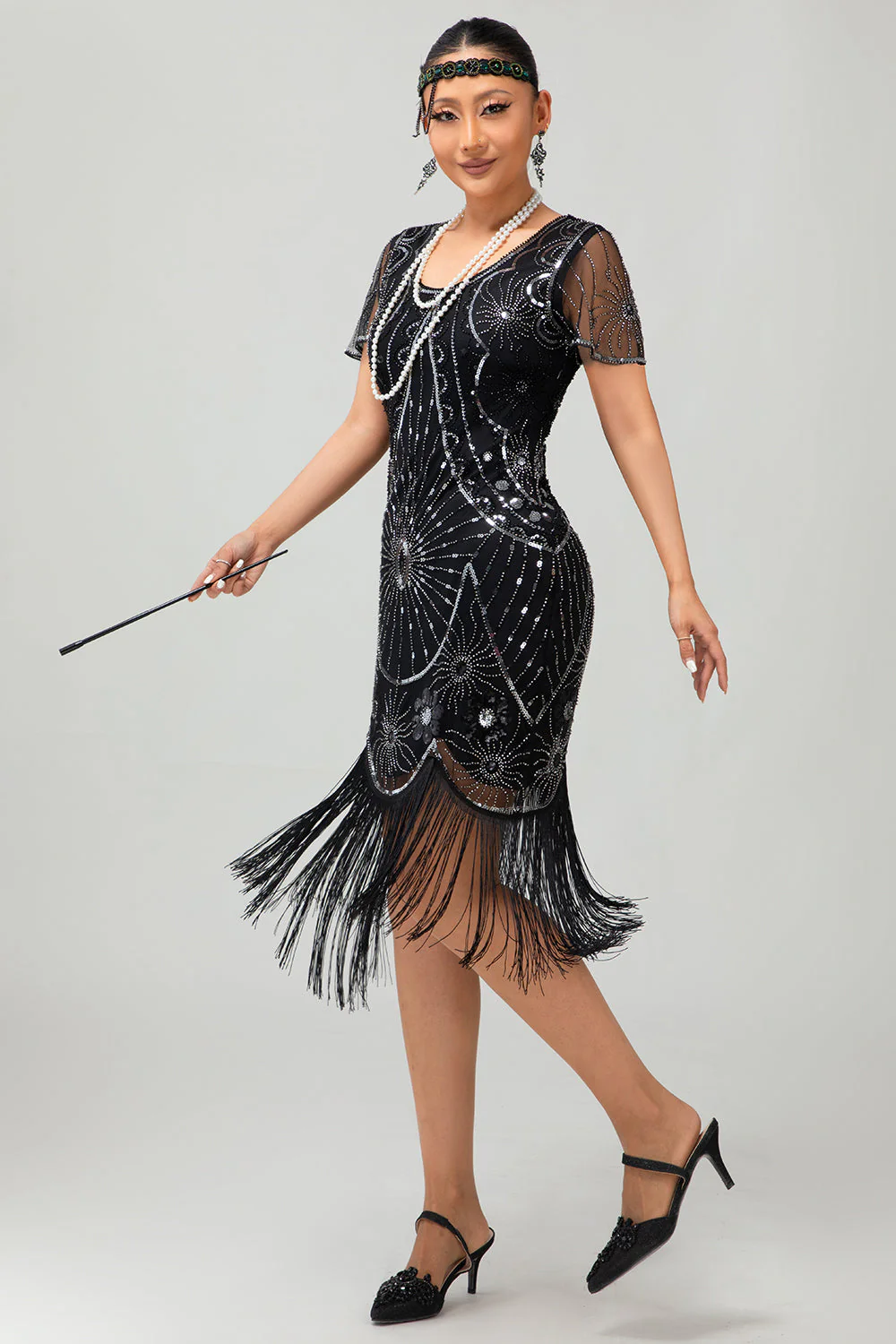 Gatsby Czarno-czerwona szufelka z frędzlami BodyconSukienka z 1920 roku z cekinami - Image 20