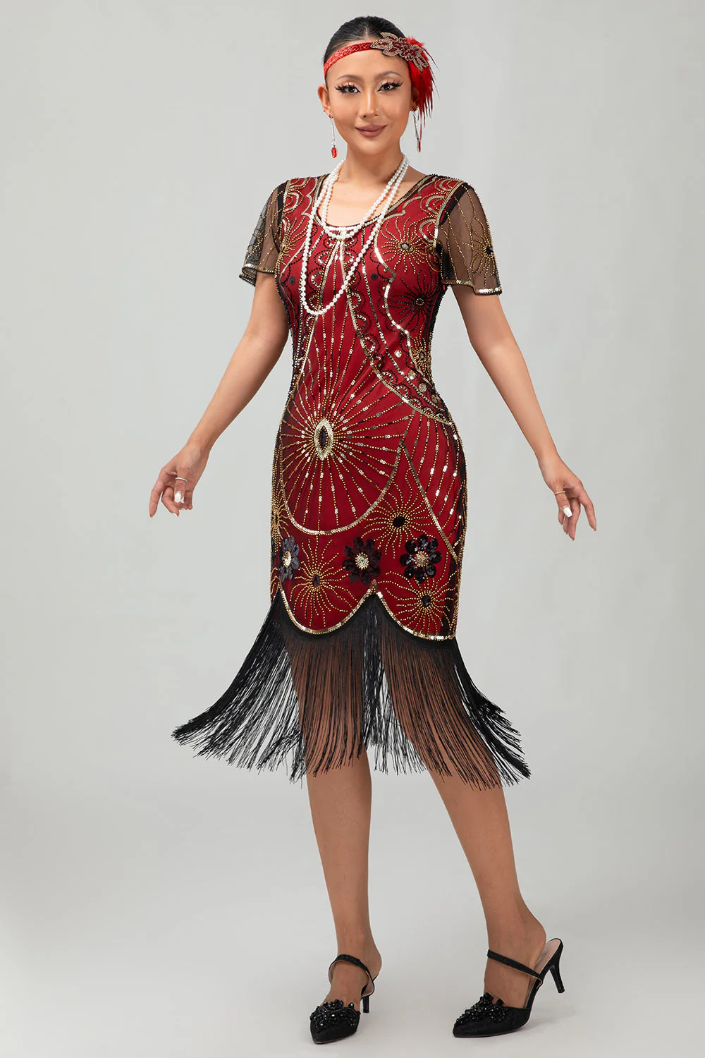 Gatsby Czarno-czerwona szufelka z frędzlami BodyconSukienka z 1920 roku z cekinami - Image 5