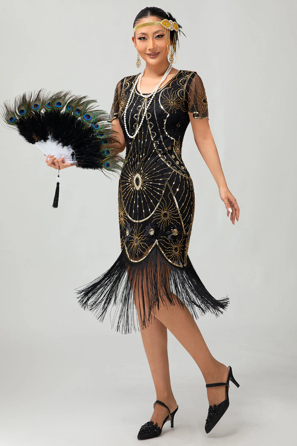 Gatsby Czarno-czerwona szufelka z frędzlami BodyconSukienka z 1920 roku z cekinami - Image 9