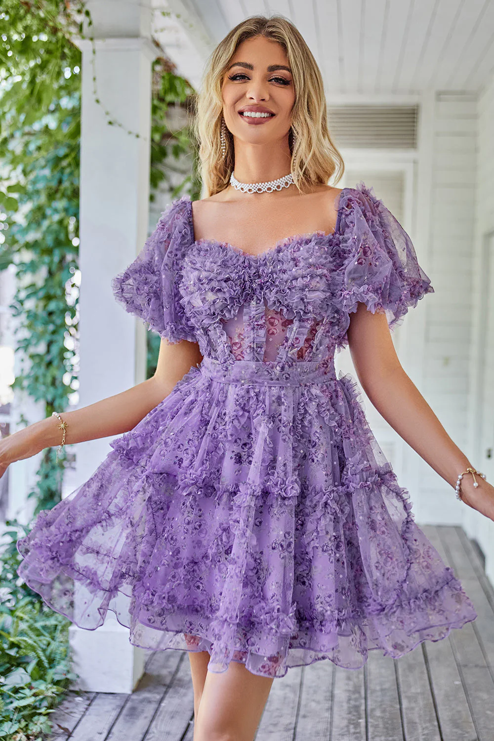 Gorgeous A Line Off the Shoulder Fuchsia Tinle Krótka sukienka Homecoming z krótkimi rękawami - Image 13