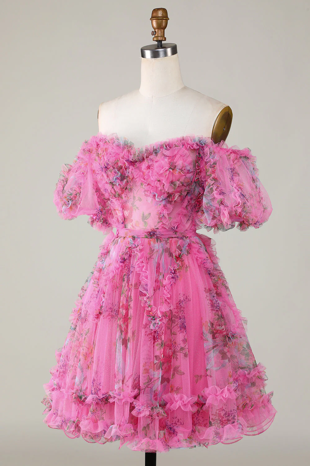 Gorgeous A Line Off the Shoulder Fuchsia Tinle Krótka sukienka Homecoming z krótkimi rękawami - Image 3