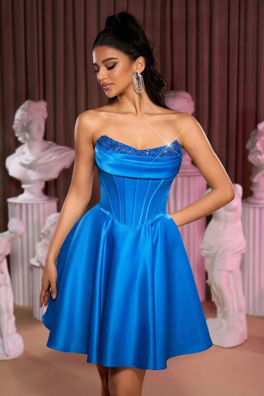 Gorset bez ramiączek A line Royal Blue Cocktail Dress Z Koralikami - Image 3