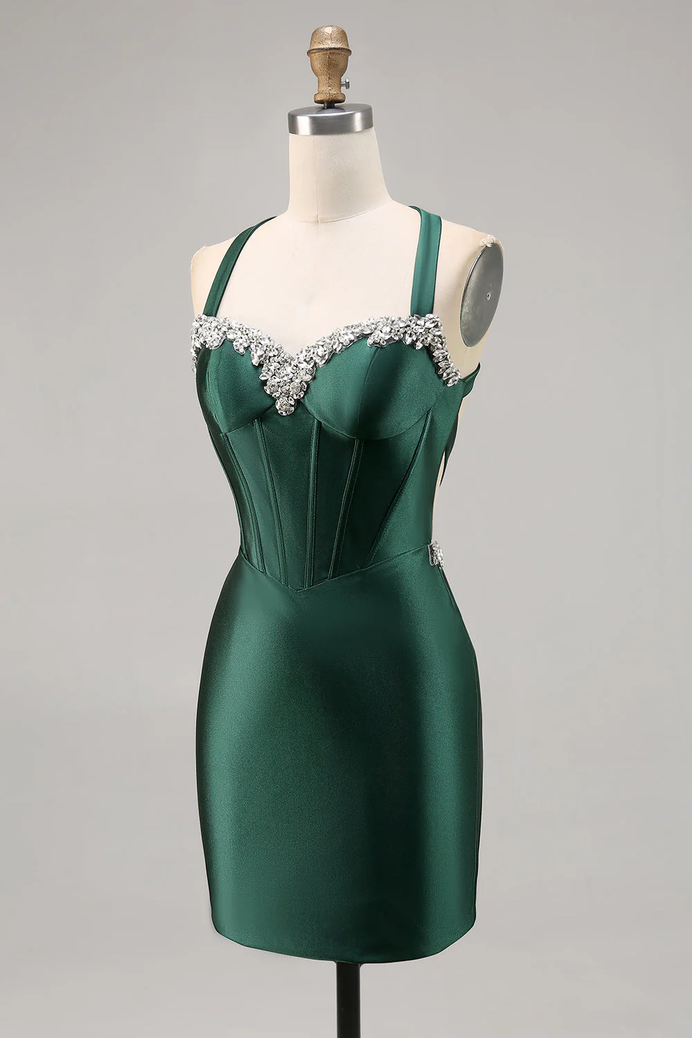 Gorset Satynowy Bodycon Ciemnozielona Sukienka Na Powrót Do Domu - Image 3
