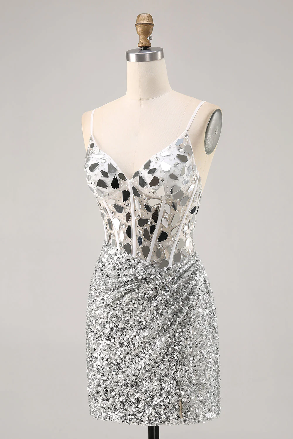 Gorset Srebrny Dekolt W Serek Bodycon Lustro Sukienka Powrót Do Domu - Image 3
