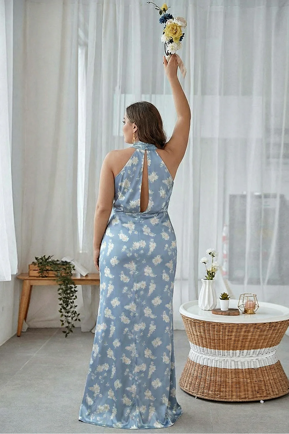 Granatowa Bloom Płaszczowa Halter Neck Satynowa Długa Sukienka Druhny - Image 10