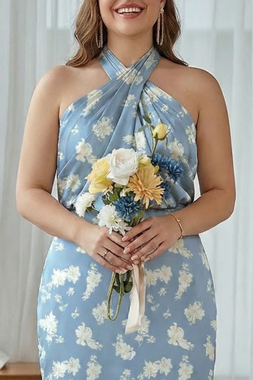 Granatowa Bloom Płaszczowa Halter Neck Satynowa Długa Sukienka Druhny - Image 11