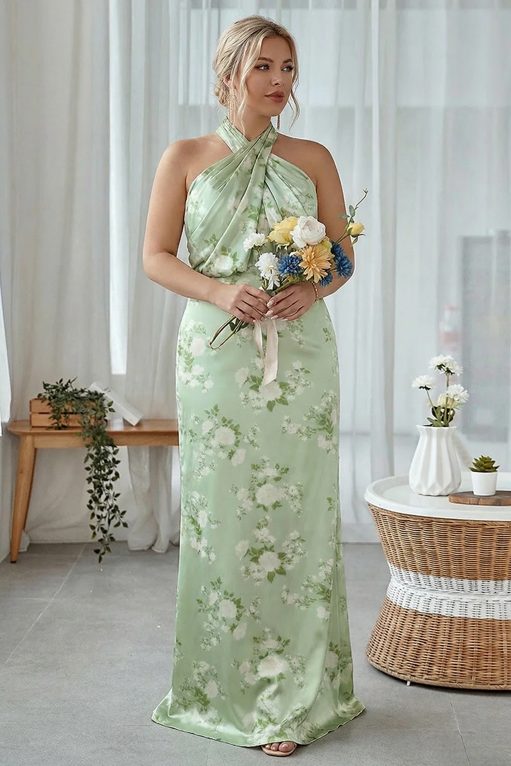 Granatowa Bloom Płaszczowa Halter Neck Satynowa Długa Sukienka Druhny - Image 15