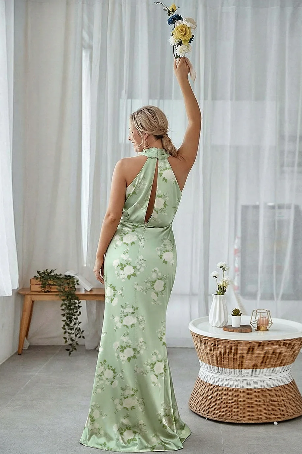 Granatowa Bloom Płaszczowa Halter Neck Satynowa Długa Sukienka Druhny - Image 16