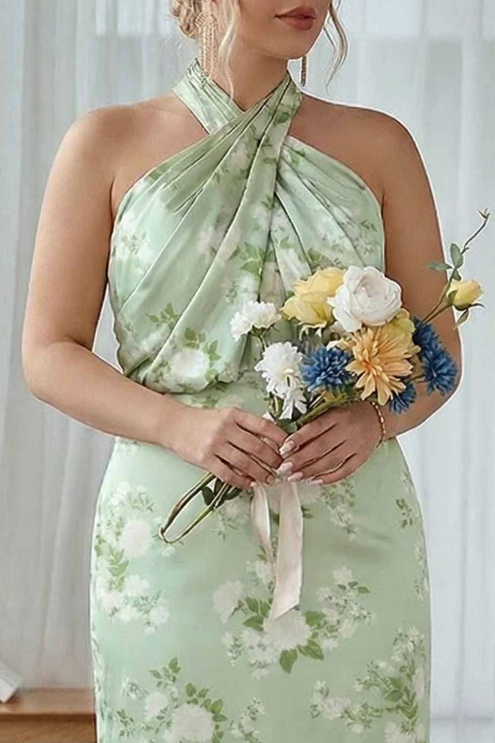 Granatowa Bloom Płaszczowa Halter Neck Satynowa Długa Sukienka Druhny - Image 17