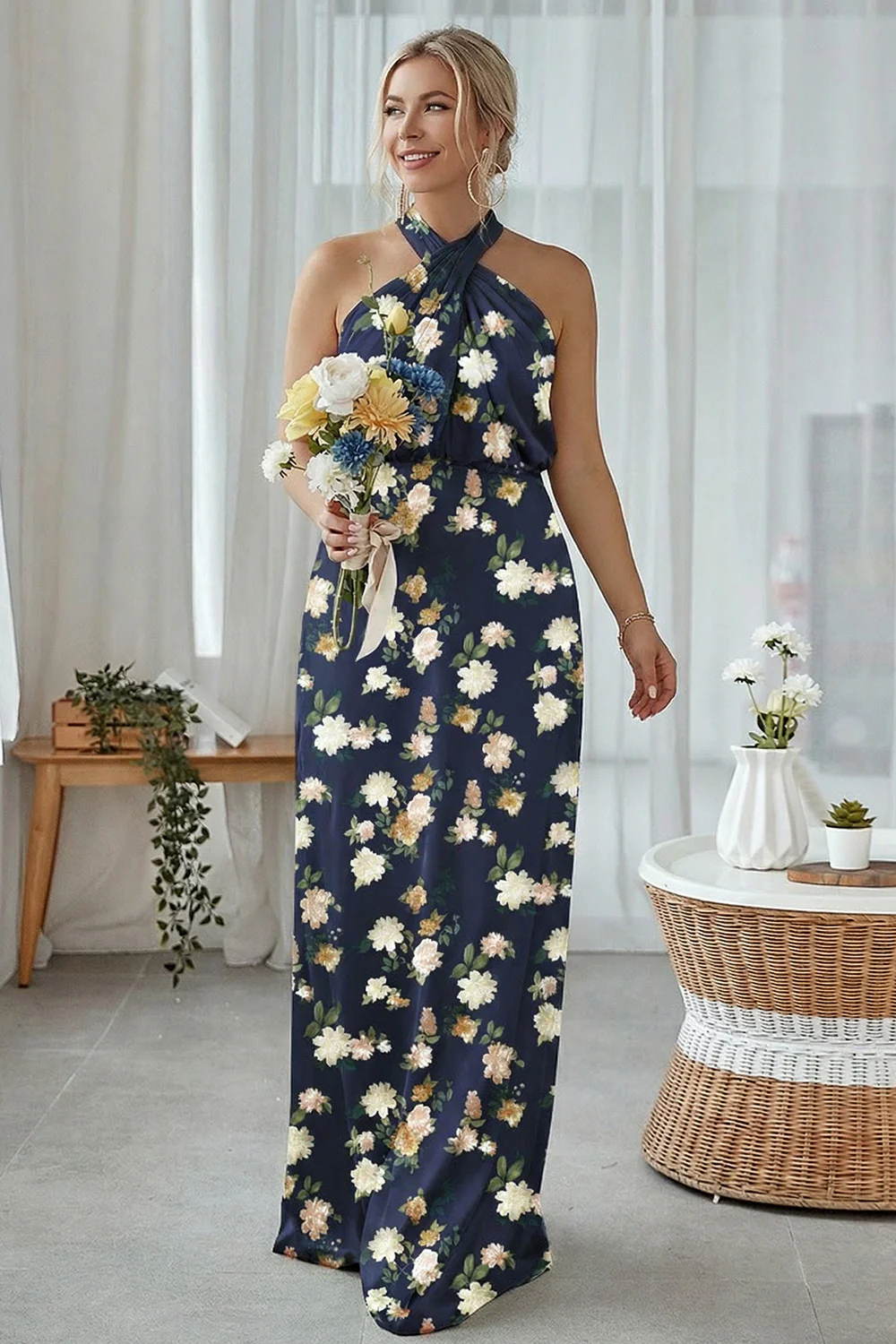 Granatowa Bloom Płaszczowa Halter Neck Satynowa Długa Sukienka Druhny - Image 3