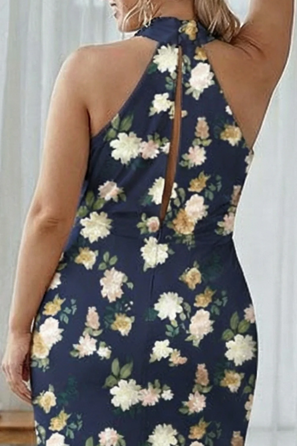 Granatowa Bloom Płaszczowa Halter Neck Satynowa Długa Sukienka Druhny - Image 6