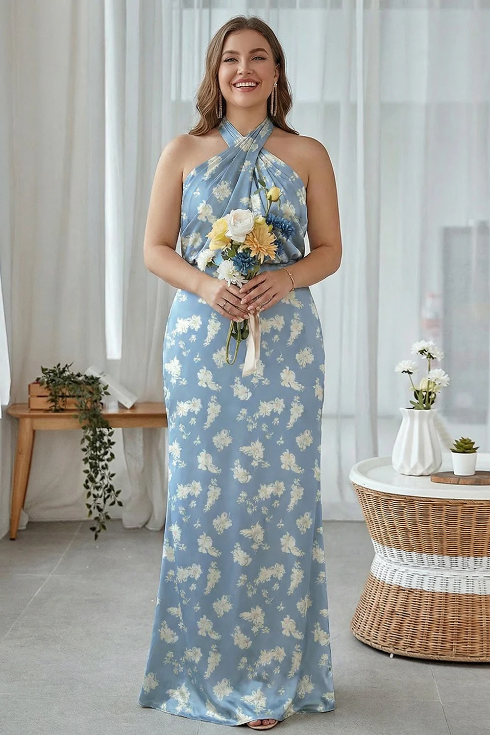 Granatowa Bloom Płaszczowa Halter Neck Satynowa Długa Sukienka Druhny - Image 9