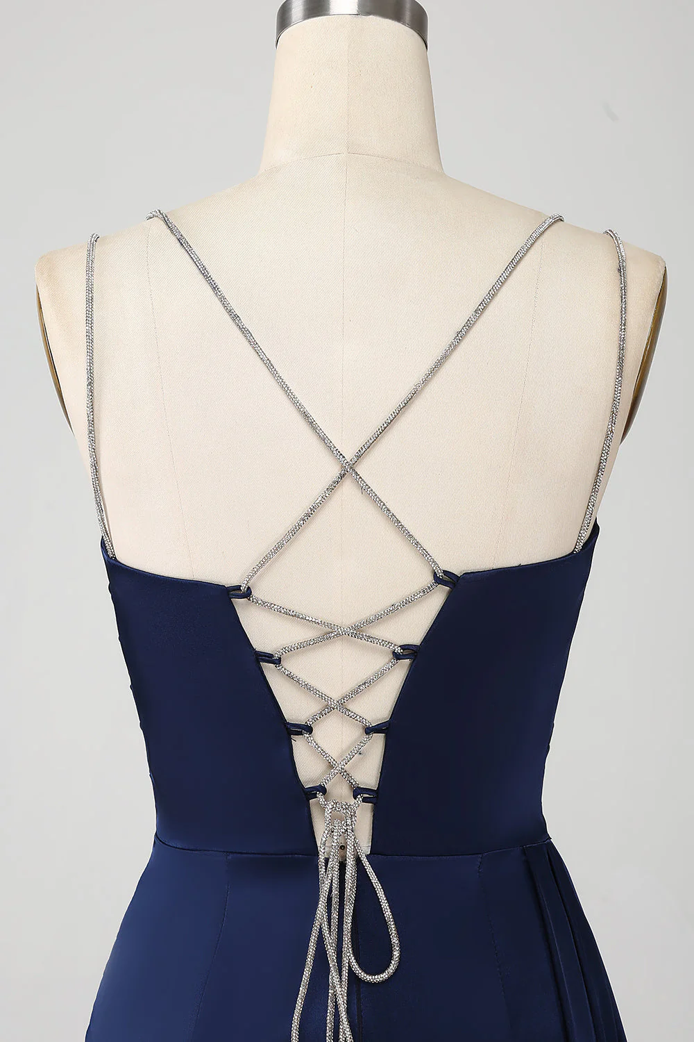Granatowa Cienkich Ramiączkach Sukienka Syrenka Na Studniówkę Z Rozcięciem - Image 6