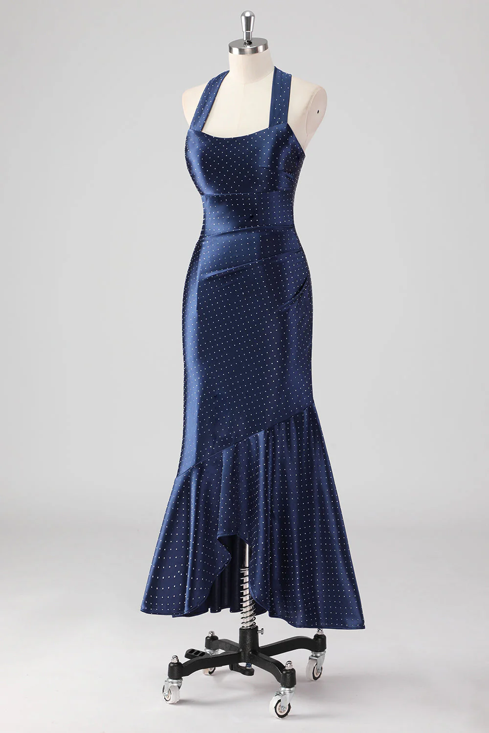Granatowa Halter Beaded Mermaid Ruffles Długa Formalna Sukienka - Image 3