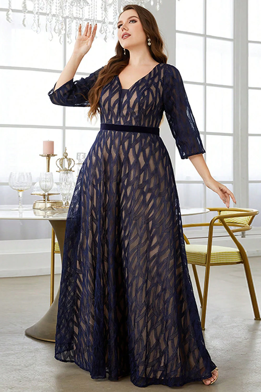 Granatowa Plus Size Kształcie Litery A Długa Sukienki Na Wesele z Rękawy - Image 4