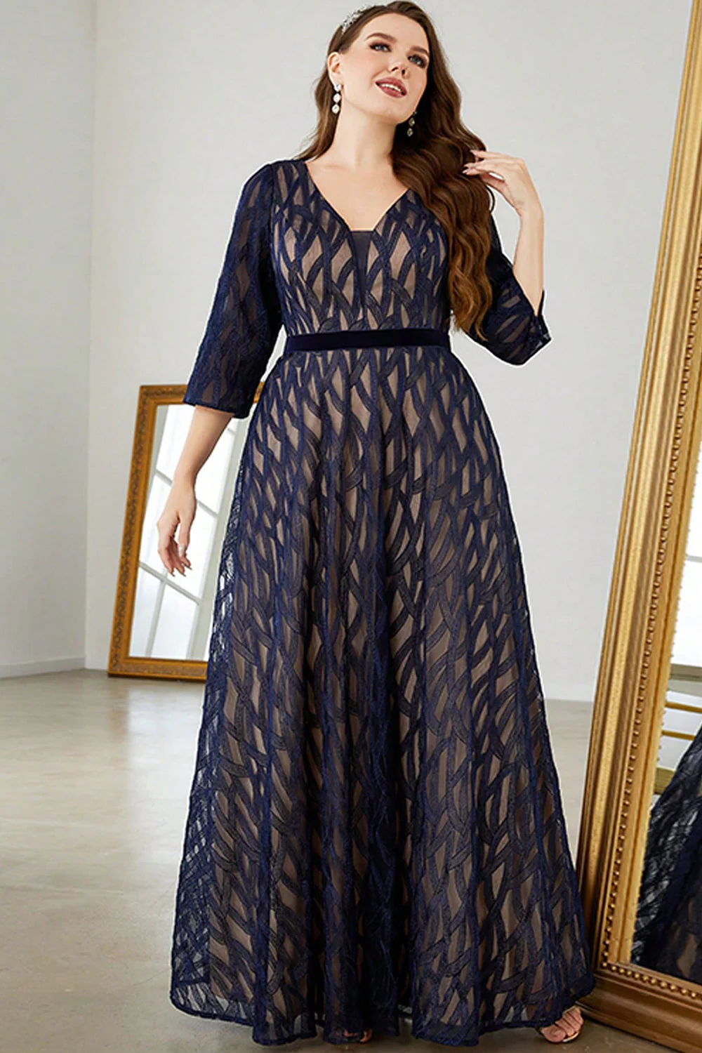 Granatowa Plus Size Kształcie Litery A Długa Sukienki Na Wesele z Rękawy - Image 5