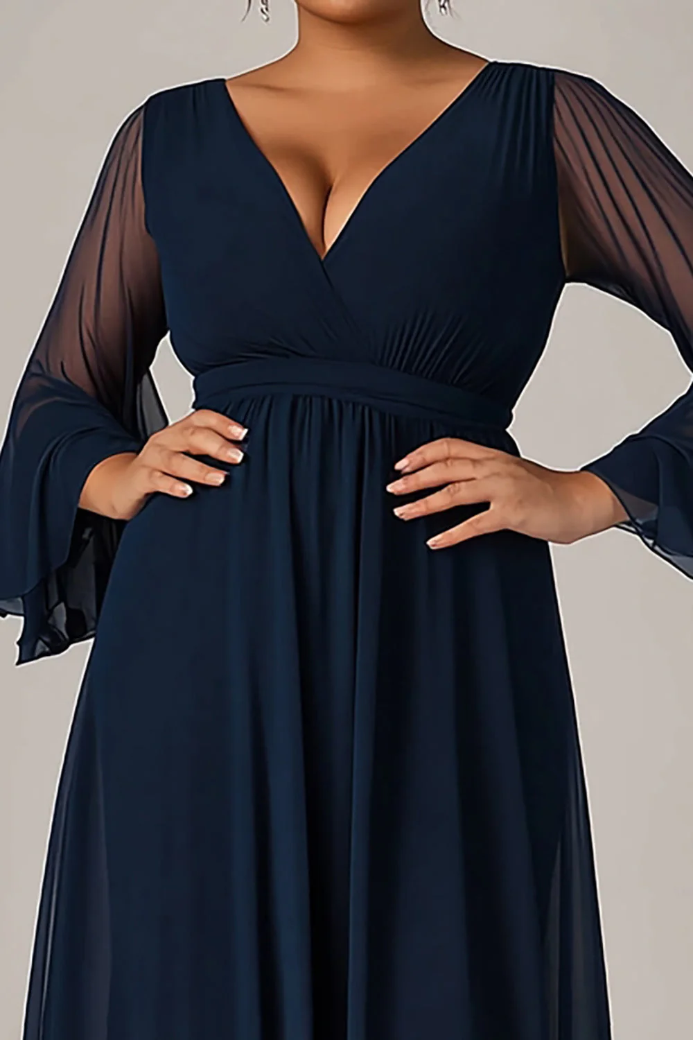 Granatowa Plus Size Kształcie Litery A Szyfon Sukienki Na Wesele z długim rękawem - Image 2