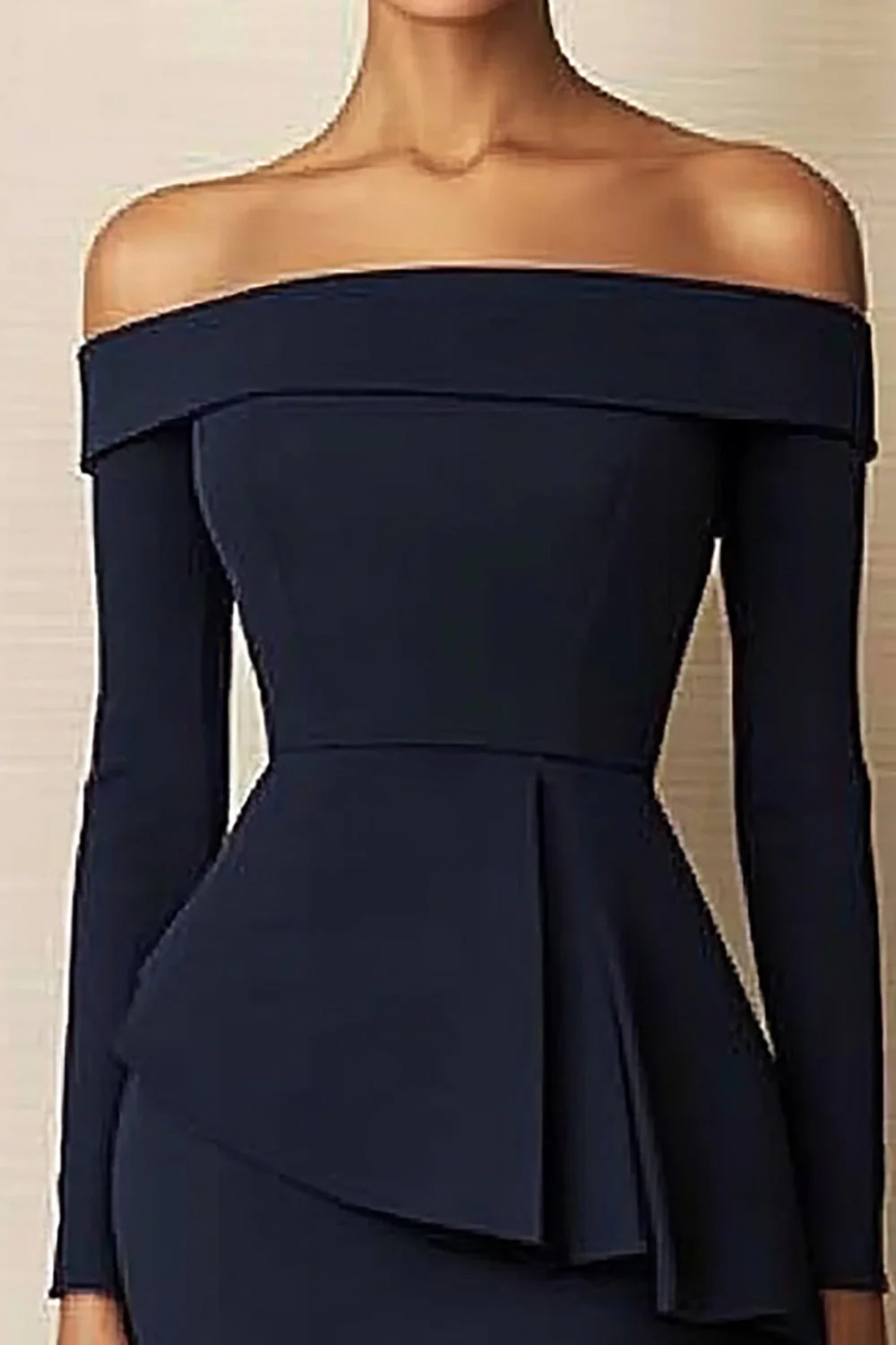 Granatowa satynowa krótka sukienka robocza Body Con Off the Shoulder - Image 2
