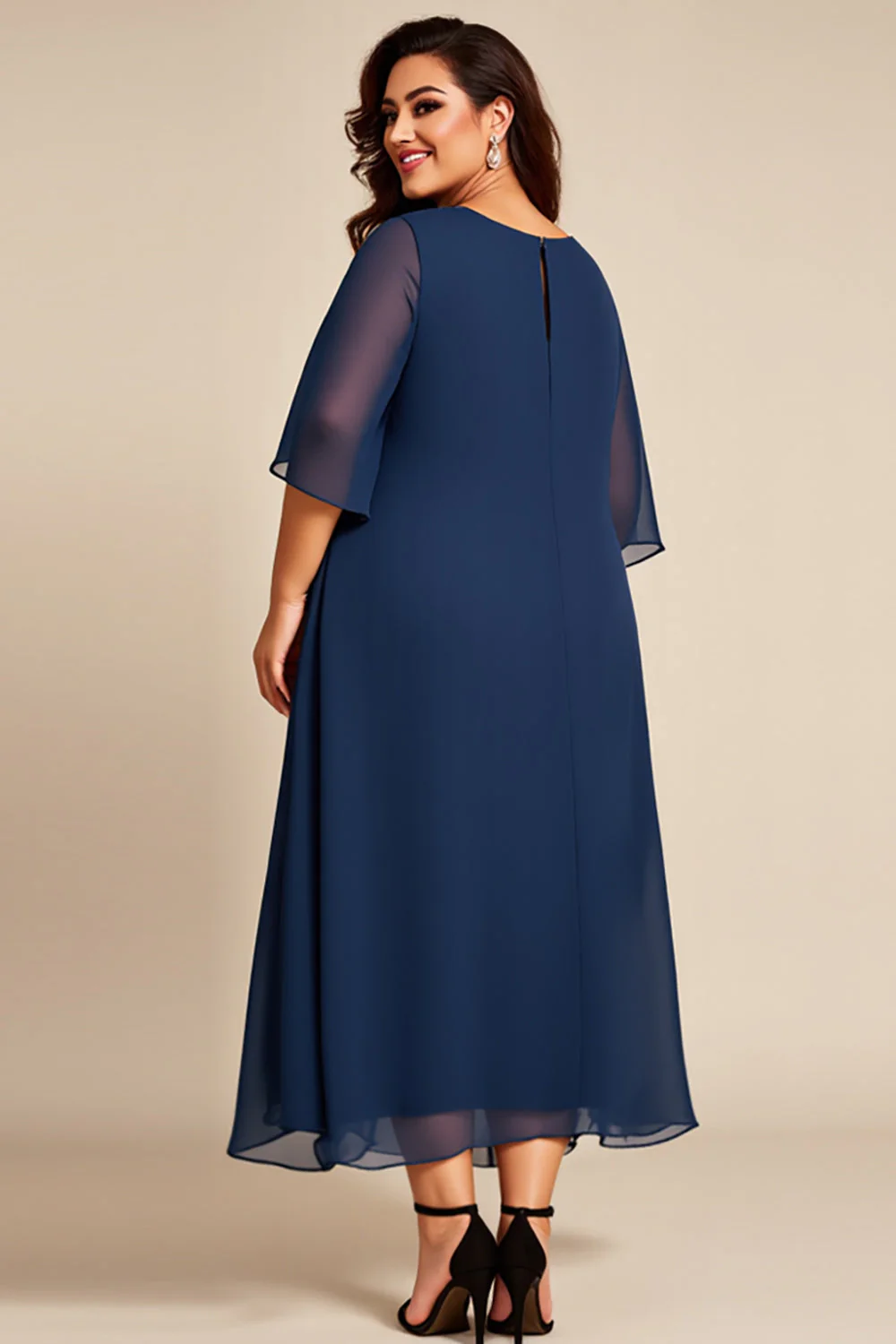 Granatowa Kształcie Litery A Szyfon Plus Size Długa Sukienki Na Wesele z Rękawy - Image 2