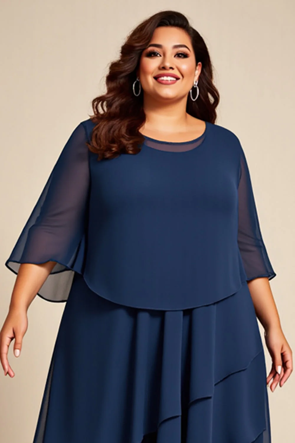 Granatowa Kształcie Litery A Szyfon Plus Size Długa Sukienki Na Wesele z Rękawy - Image 3