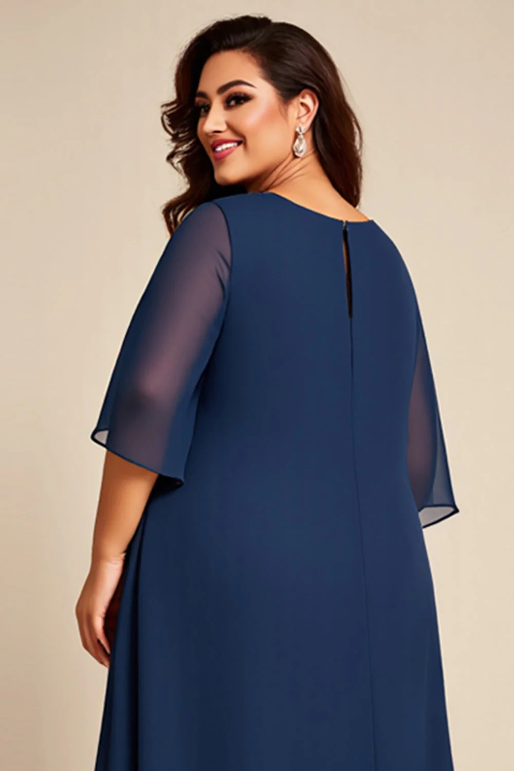 Granatowa Kształcie Litery A Szyfon Plus Size Długa Sukienki Na Wesele z Rękawy - Image 4