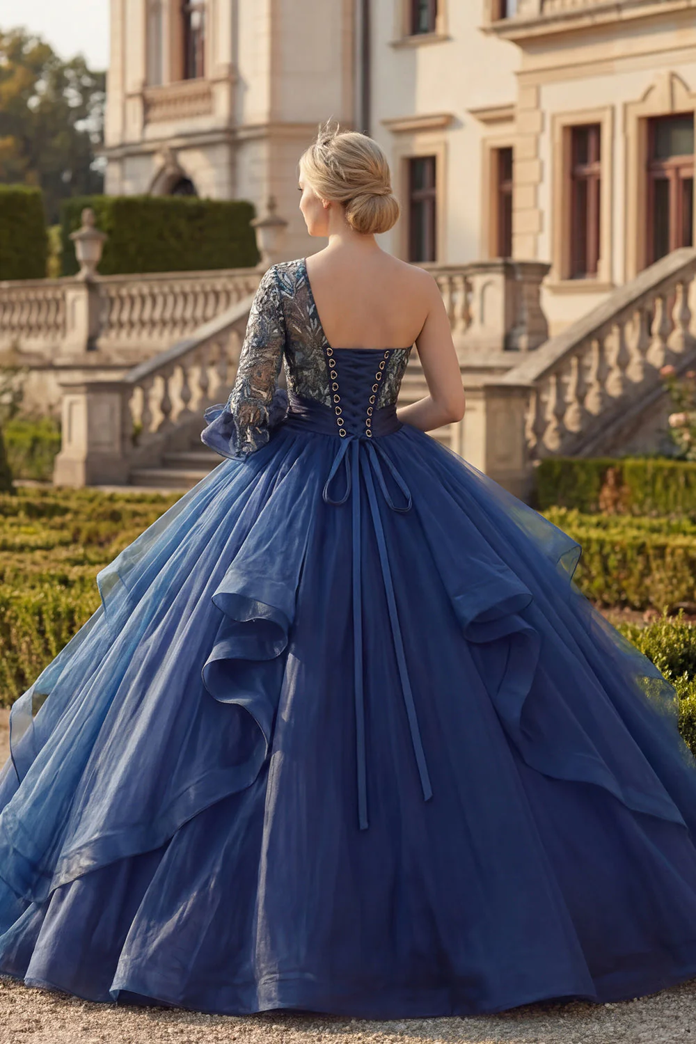 Granatowa suknia balowa na jedno ramię, kwiatowa sukienka Quinceanera z falbanami - Image 2