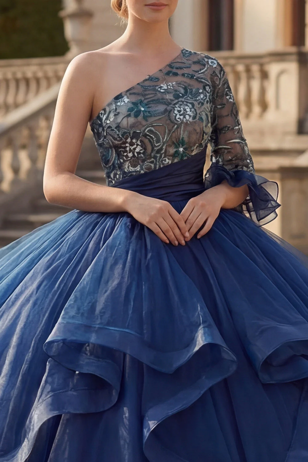 Granatowa suknia balowa na jedno ramię, kwiatowa sukienka Quinceanera z falbanami - Image 3