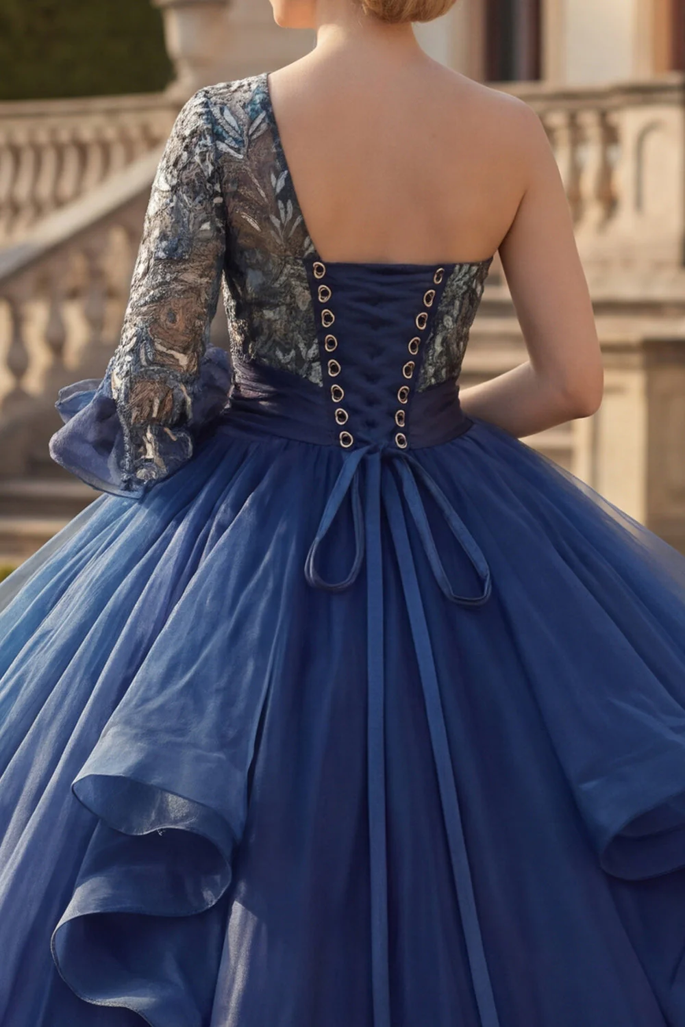Granatowa suknia balowa na jedno ramię, kwiatowa sukienka Quinceanera z falbanami - Image 4