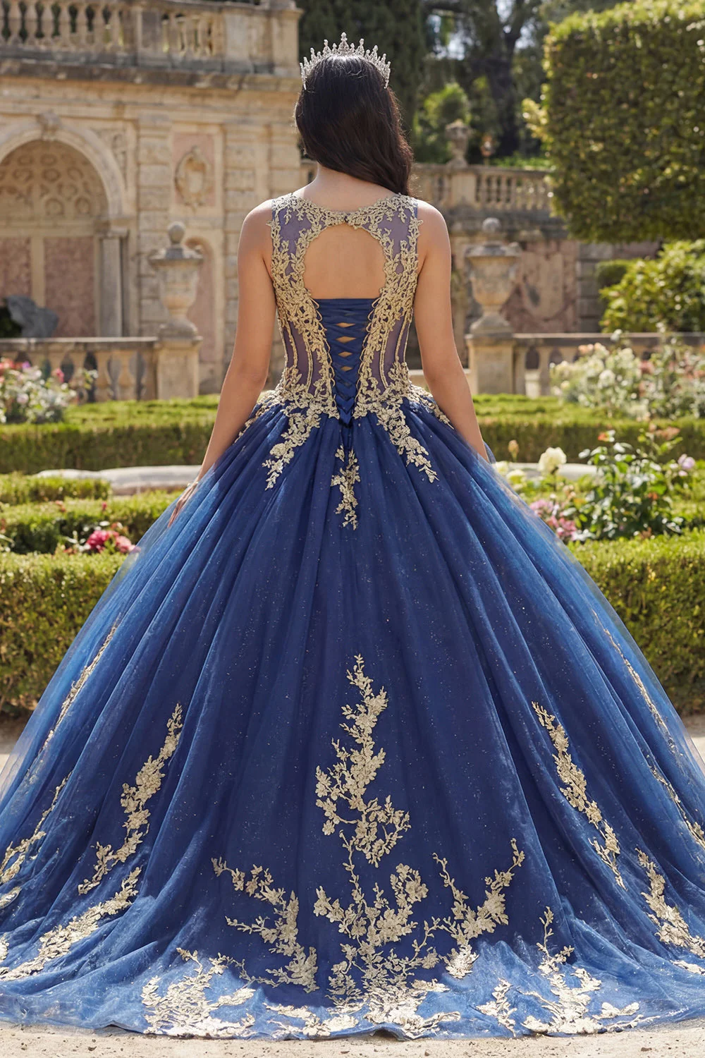 Granatowa suknia balowa z aplikacjami z okrągłym kołnierzem, suknia balowa Quinceanera - Image 2
