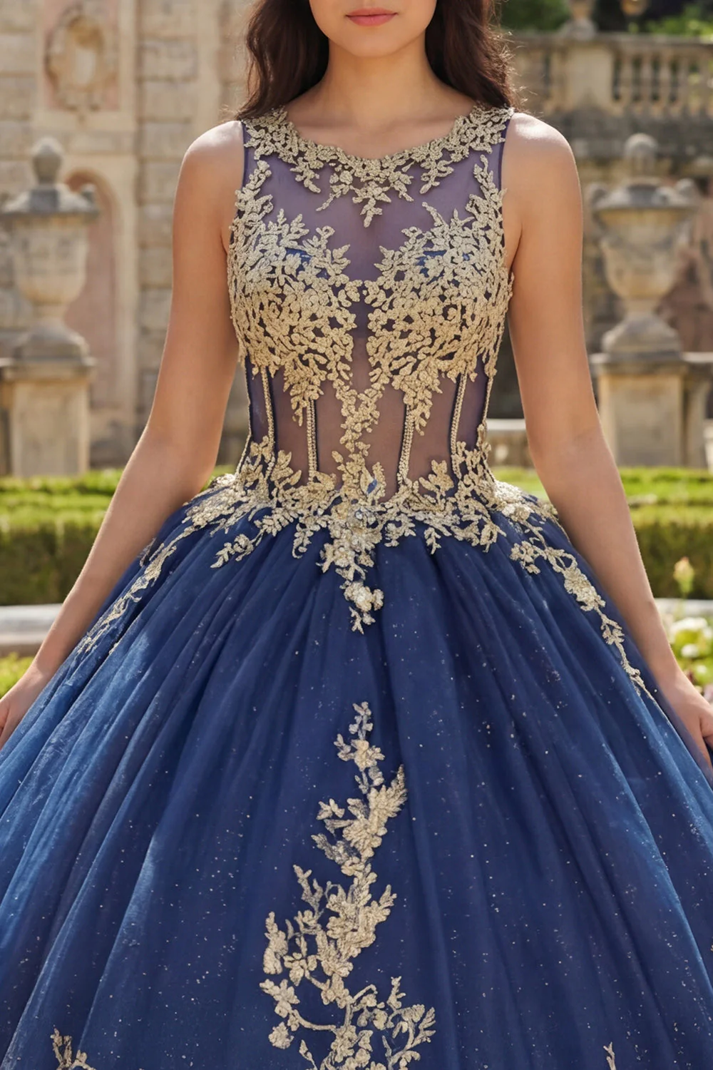 Granatowa suknia balowa z aplikacjami z okrągłym kołnierzem, suknia balowa Quinceanera - Image 3