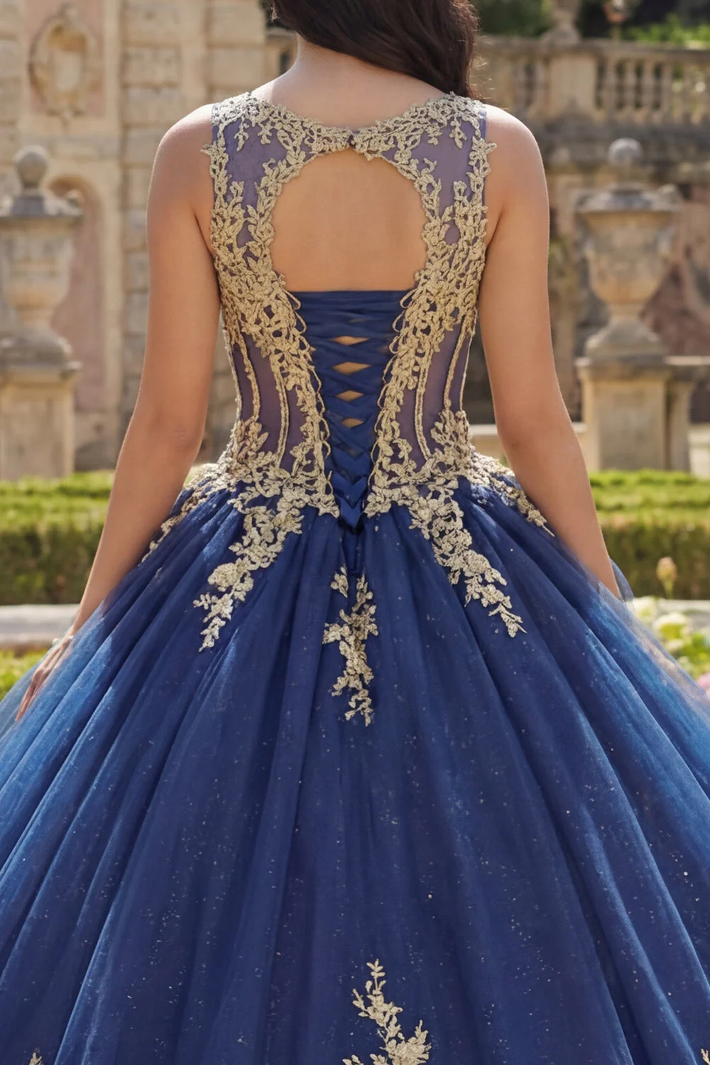 Granatowa suknia balowa z aplikacjami z okrągłym kołnierzem, suknia balowa Quinceanera - Image 4