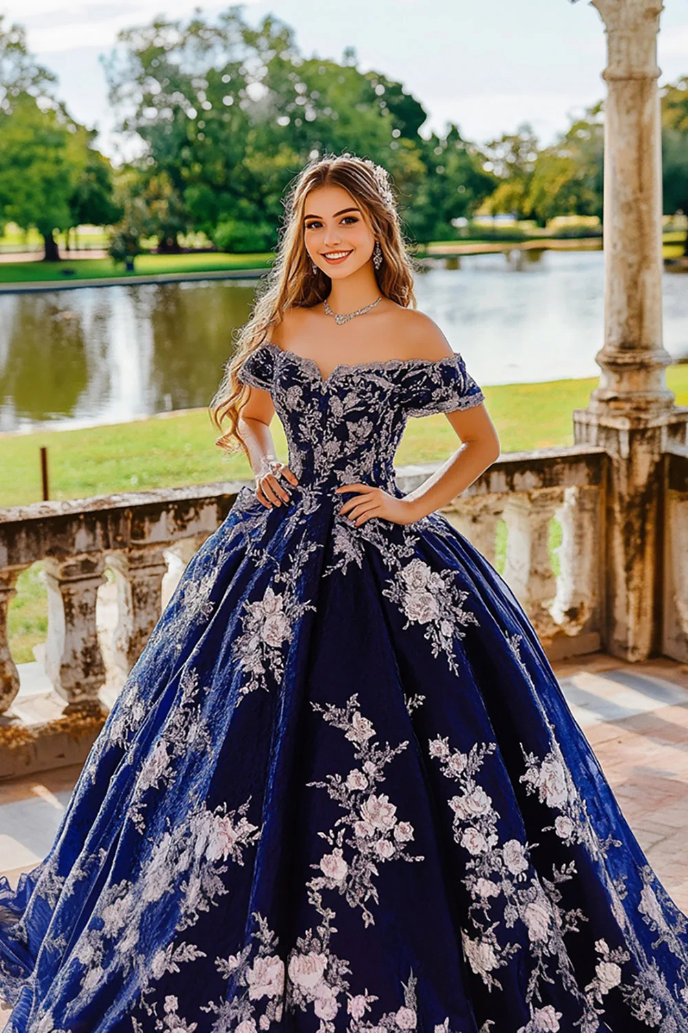 Granatowa suknia balowa z odkrytymi ramionami Tiulowa sukienka Quinceanera z kwiatowymi aplikacjami - Image 2