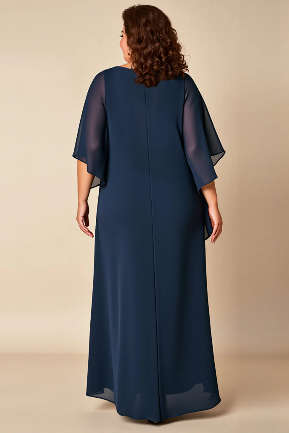 Granatowa Szyfon Plus Size Długa Sukienki Na Wesele z Rękawy - Image 2