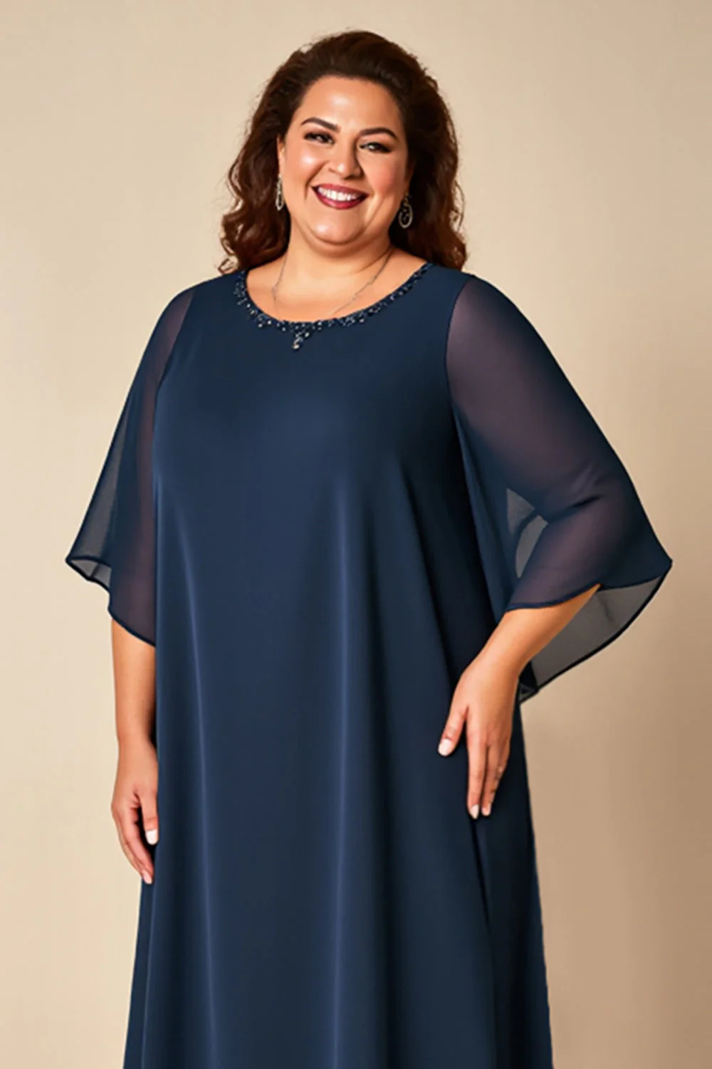 Granatowa Szyfon Plus Size Długa Sukienki Na Wesele z Rękawy - Image 3