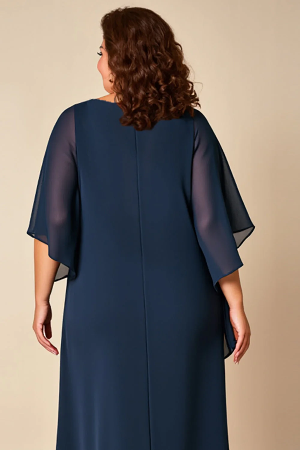 Granatowa Szyfon Plus Size Długa Sukienki Na Wesele z Rękawy - Image 4