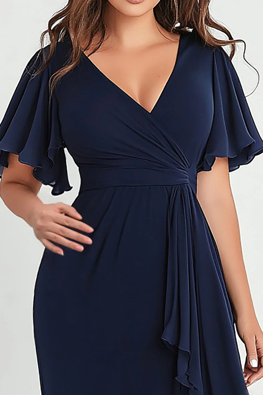 Granatowa Szyfonowa Szyfon Z Dekoltem W Szpic Długa Wizytowa Sukienka Plus Size - Image 2
