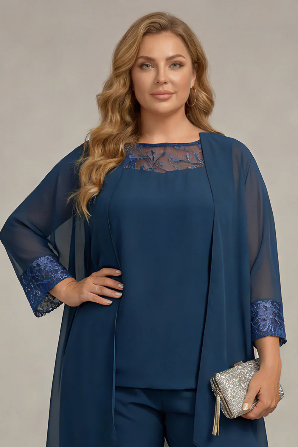 Granatowe 3-częściowe garnitury z długim rękawem plus size – garnitury matki panny młodej - Image 3