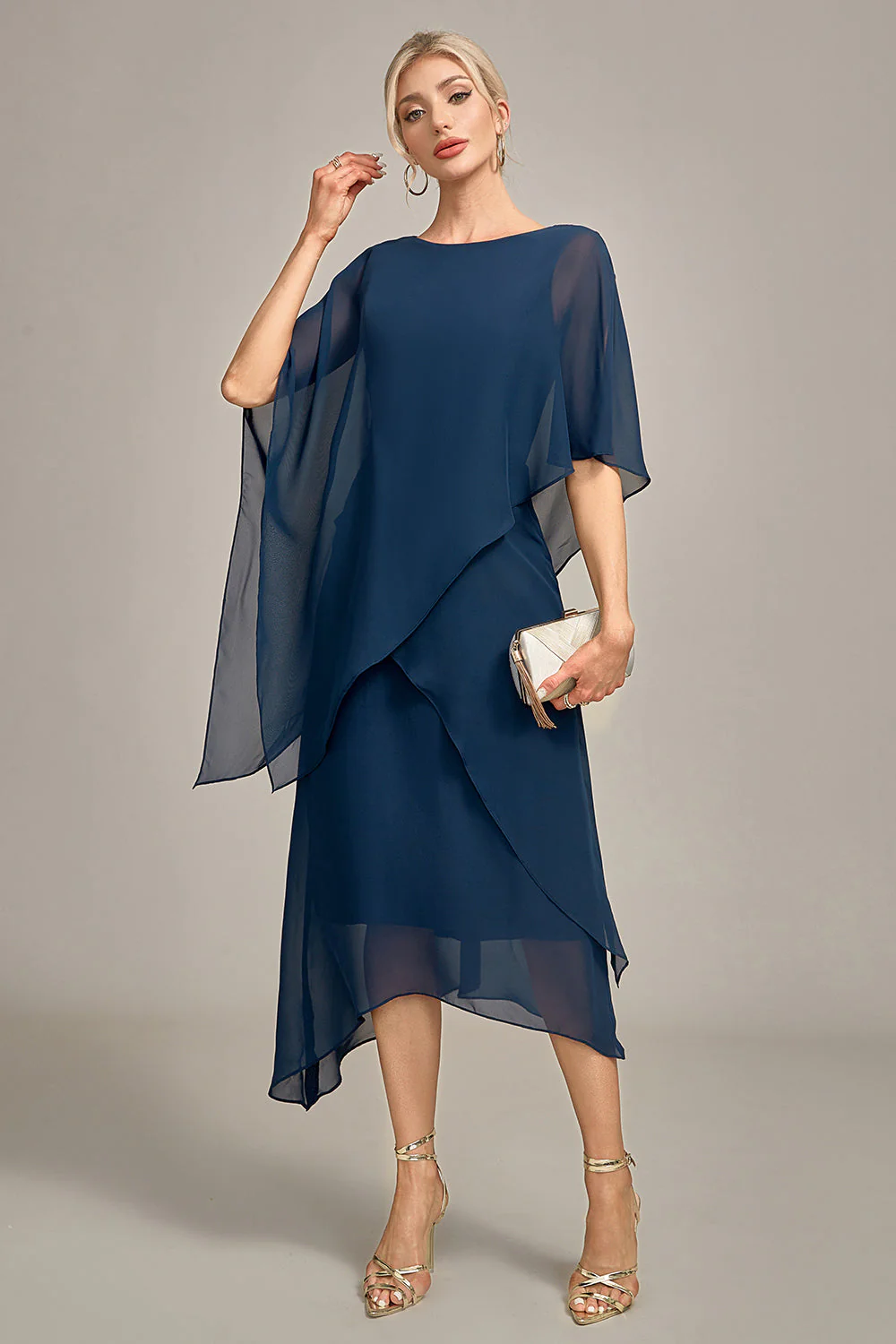 Granatowy szyfon, A-line Boat Neck Midi Choir Dress - Image 3