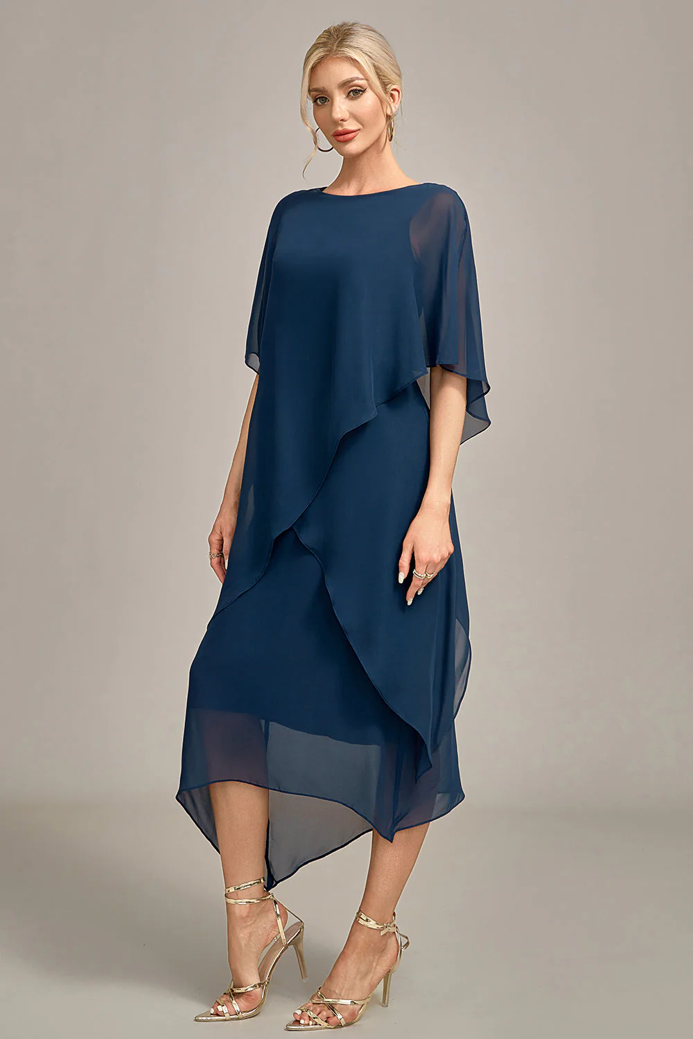 Granatowy szyfon, A-line Boat Neck Midi Choir Dress - Image 6