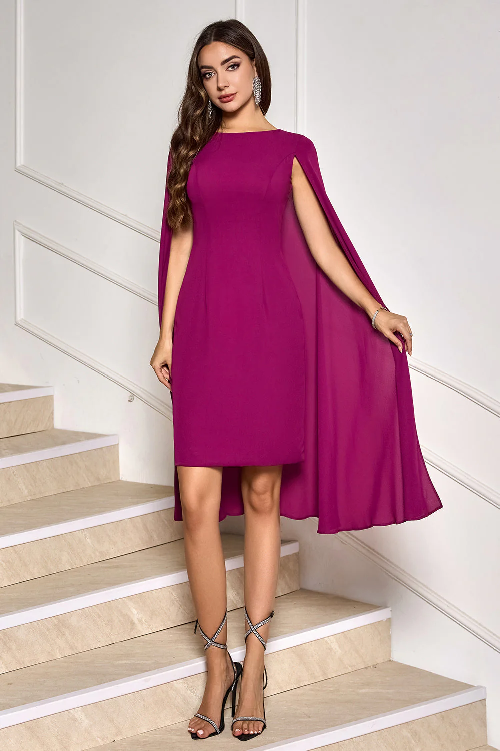 Grape Bodycon Midi Sukienka koktajlowa z rękawami w pelerynie - Image 4