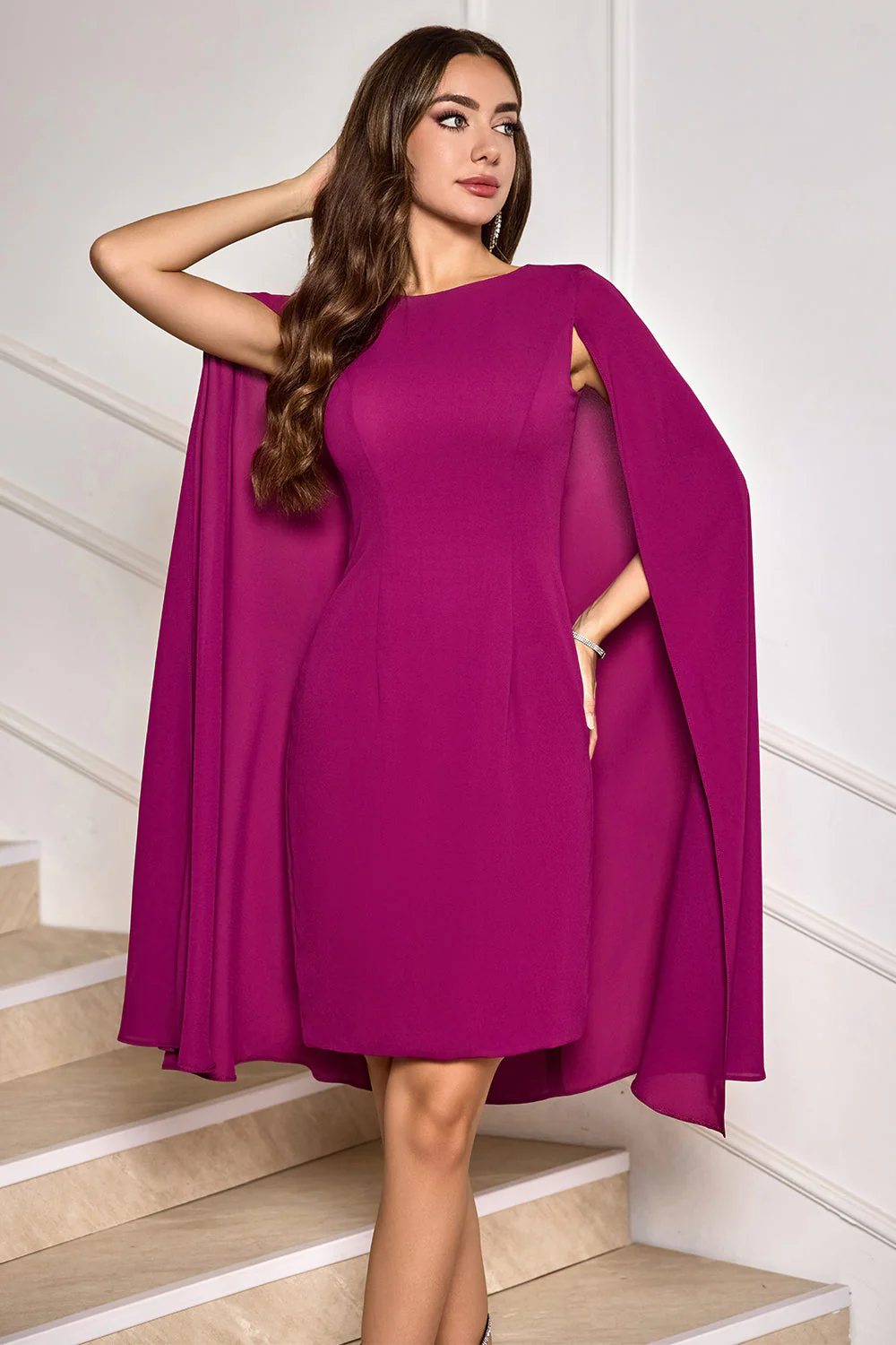 Grape Bodycon Midi Sukienka koktajlowa z rękawami w pelerynie - Image 5