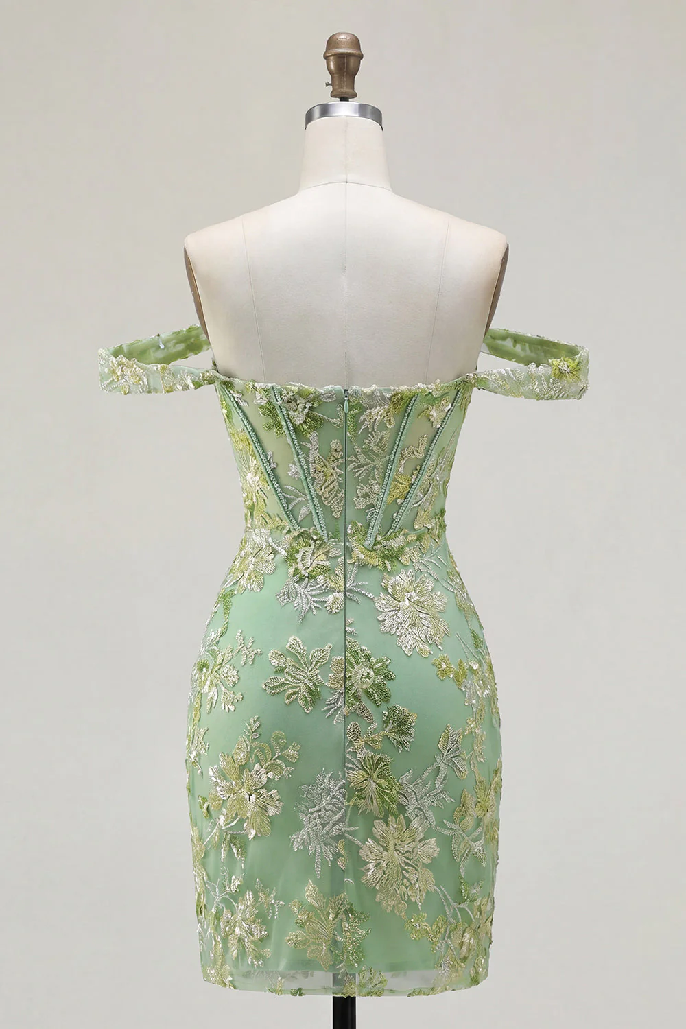 Green Off the Shoulder Bodycon Floral Sheer Corset Homecoming Dress - Image 2