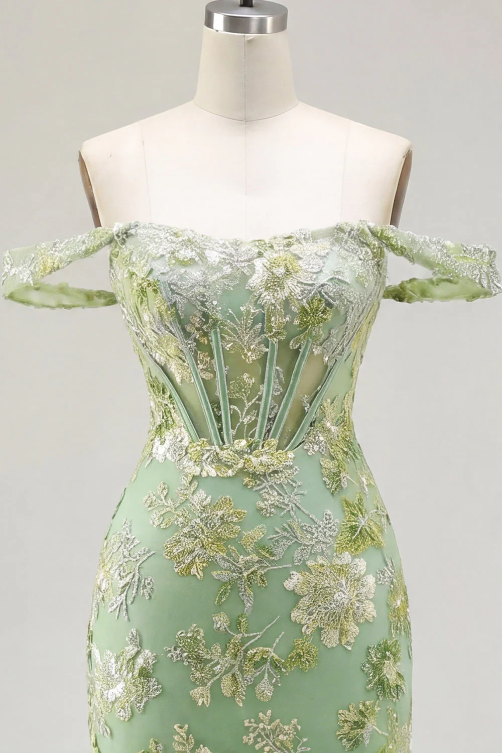 Green Off the Shoulder Bodycon Floral Sheer Corset Homecoming Dress - Image 5